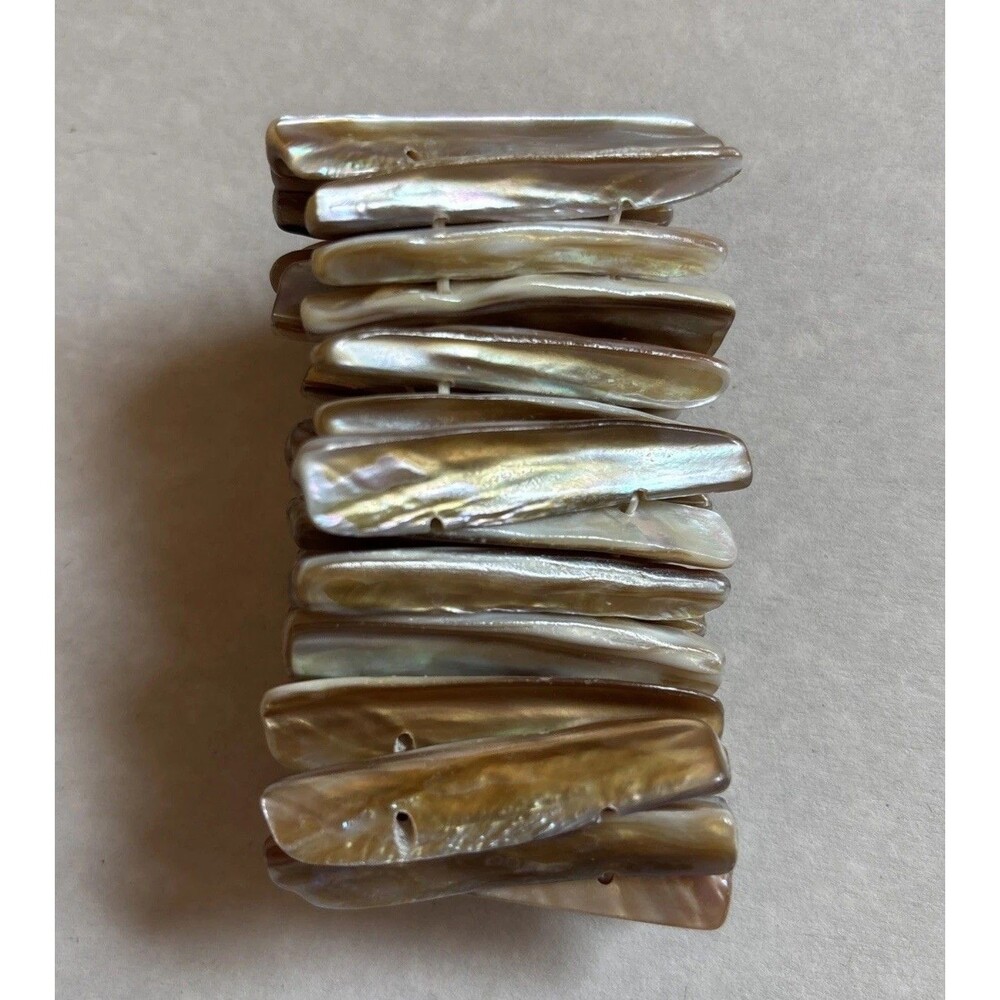 Bracelet Natural Mother of Pearl Abalone Stretch Shell Cuff Iridescent 1.75"